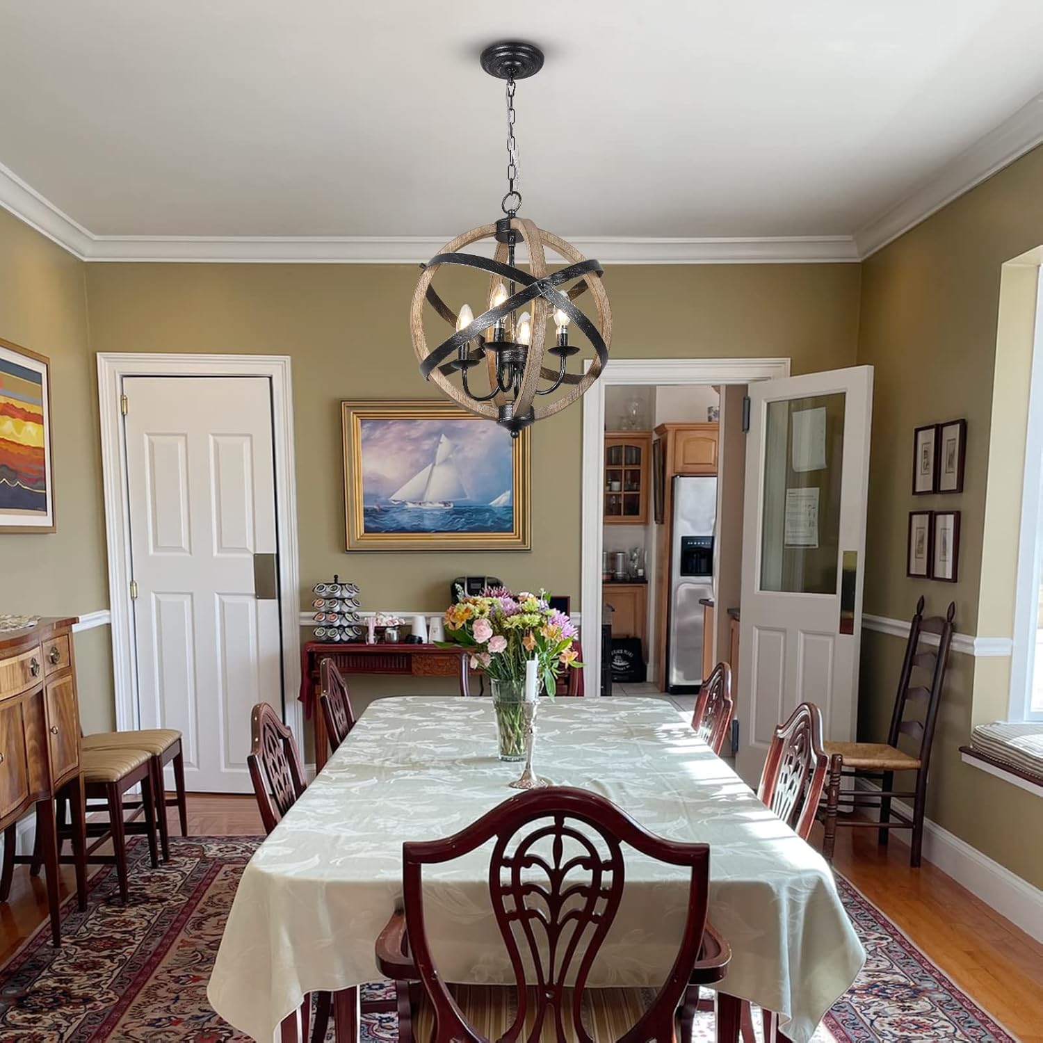 Farmhouse Chandelier Light Fixtures 4-Light Dining Room Light Fixtures Height Adjustable Rustic Wood Light - Jess Deals
