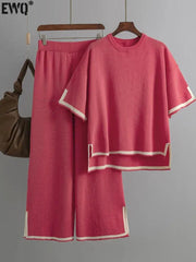 Minimalist Style Patchwork O-neck Short Sleeve Loose Sweater Casual Tops High Waist Pant 2 Piece Set - Jess Deals