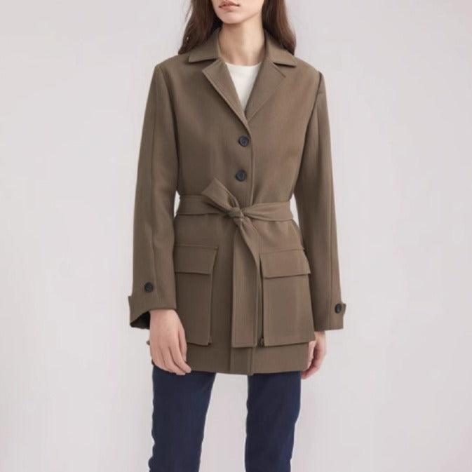 Korean commuter workwear jacket for women, autumn new style, large pocket lapel, niche design, lace up waist cinching small suit - Jess Deals