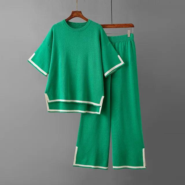 Minimalist Style Patchwork O-neck Short Sleeve Loose Sweater Casual Tops High Waist Pant 2 Piece Set - Jess Deals