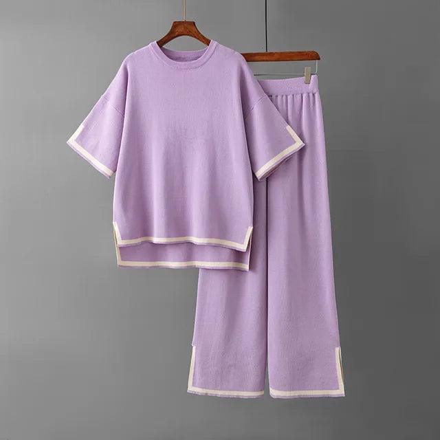 Minimalist Style Patchwork O-neck Short Sleeve Loose Sweater Casual Tops High Waist Pant 2 Piece Set - Jess Deals