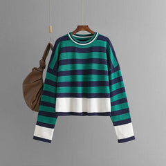 Women's striped long sleeved round neck knitted sweater top for women - Jess Deals