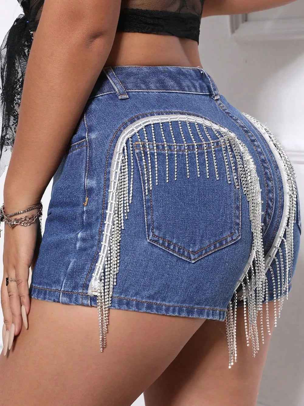 Fringe Back Denim Shorts with Pockets