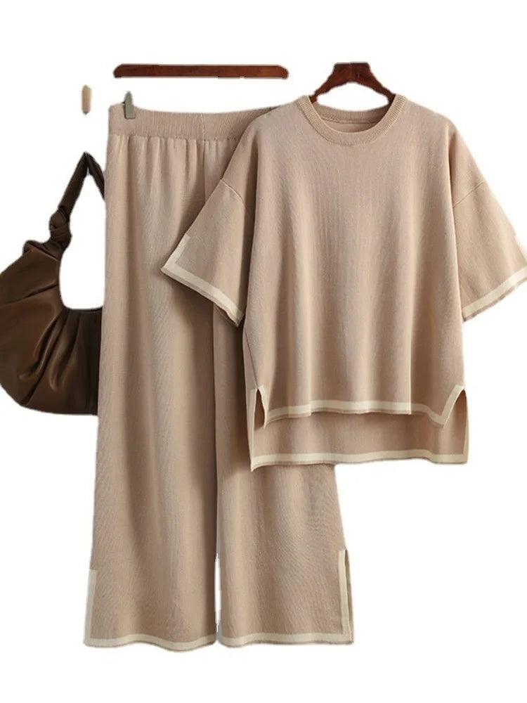 Minimalist Style Patchwork O-neck Short Sleeve Loose Sweater Casual Tops High Waist Pant 2 Piece Set - Jess Deals