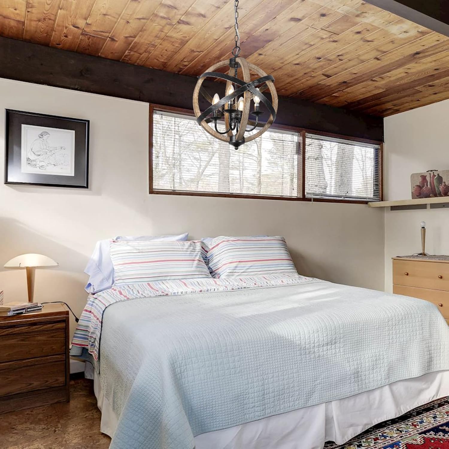 Farmhouse Chandelier Light Fixtures 4-Light Dining Room Light Fixtures Height Adjustable Rustic Wood Light - Jess Deals