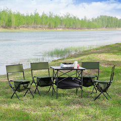 Set of 5 Outdoor Camping Foldable Chair and Roll up Portable Table- Black+Green