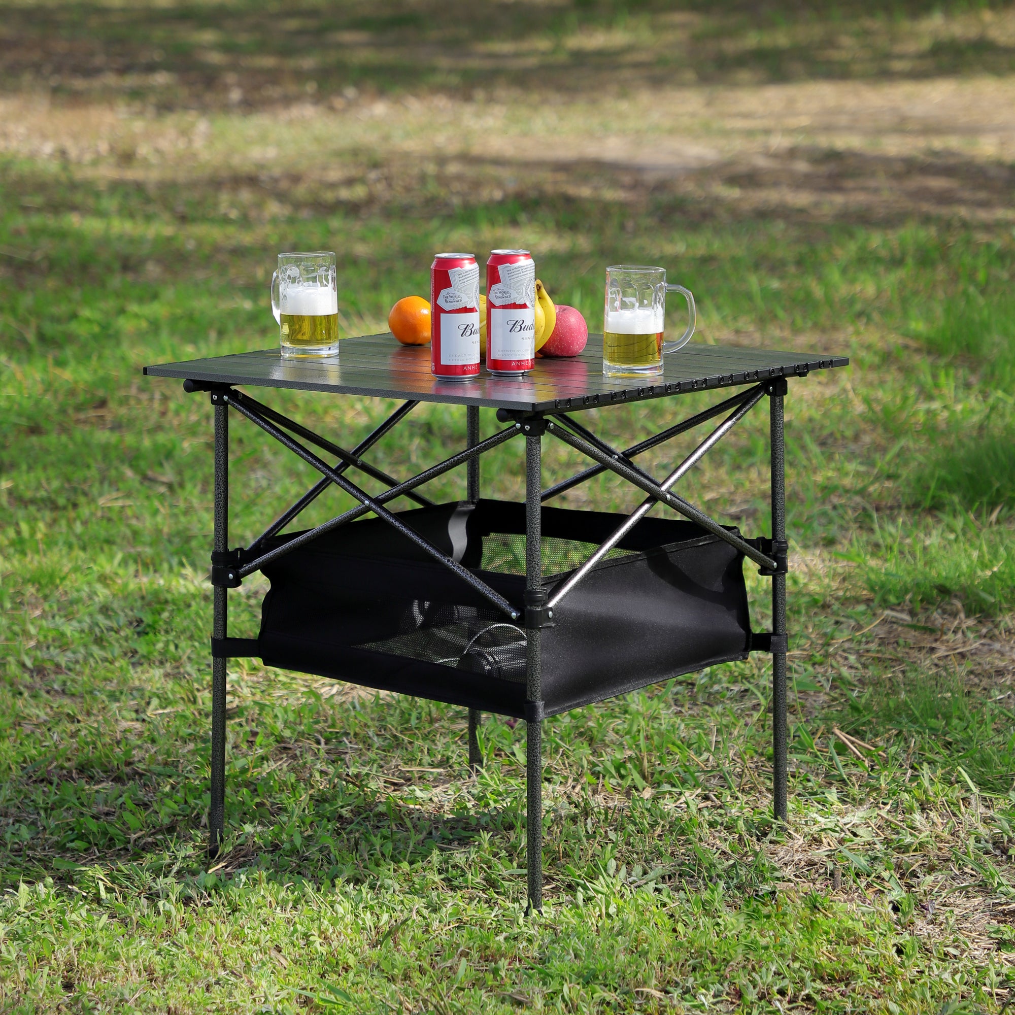 Set of 5 Outdoor Camping Foldable Chair and Roll up Portable Table- Black+Green