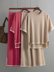 Minimalist Style Patchwork O-neck Short Sleeve Loose Sweater Casual Tops High Waist Pant 2 Piece Set - Jess Deals