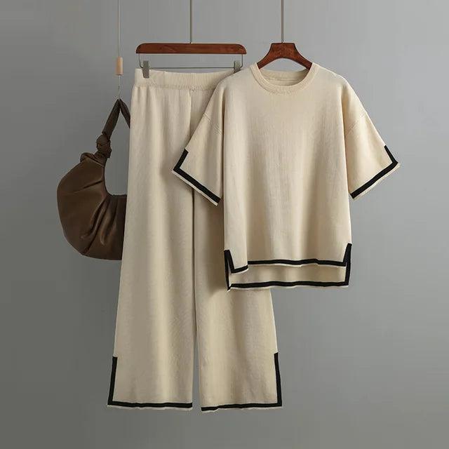 Minimalist Style Patchwork O-neck Short Sleeve Loose Sweater Casual Tops High Waist Pant 2 Piece Set - Jess Deals