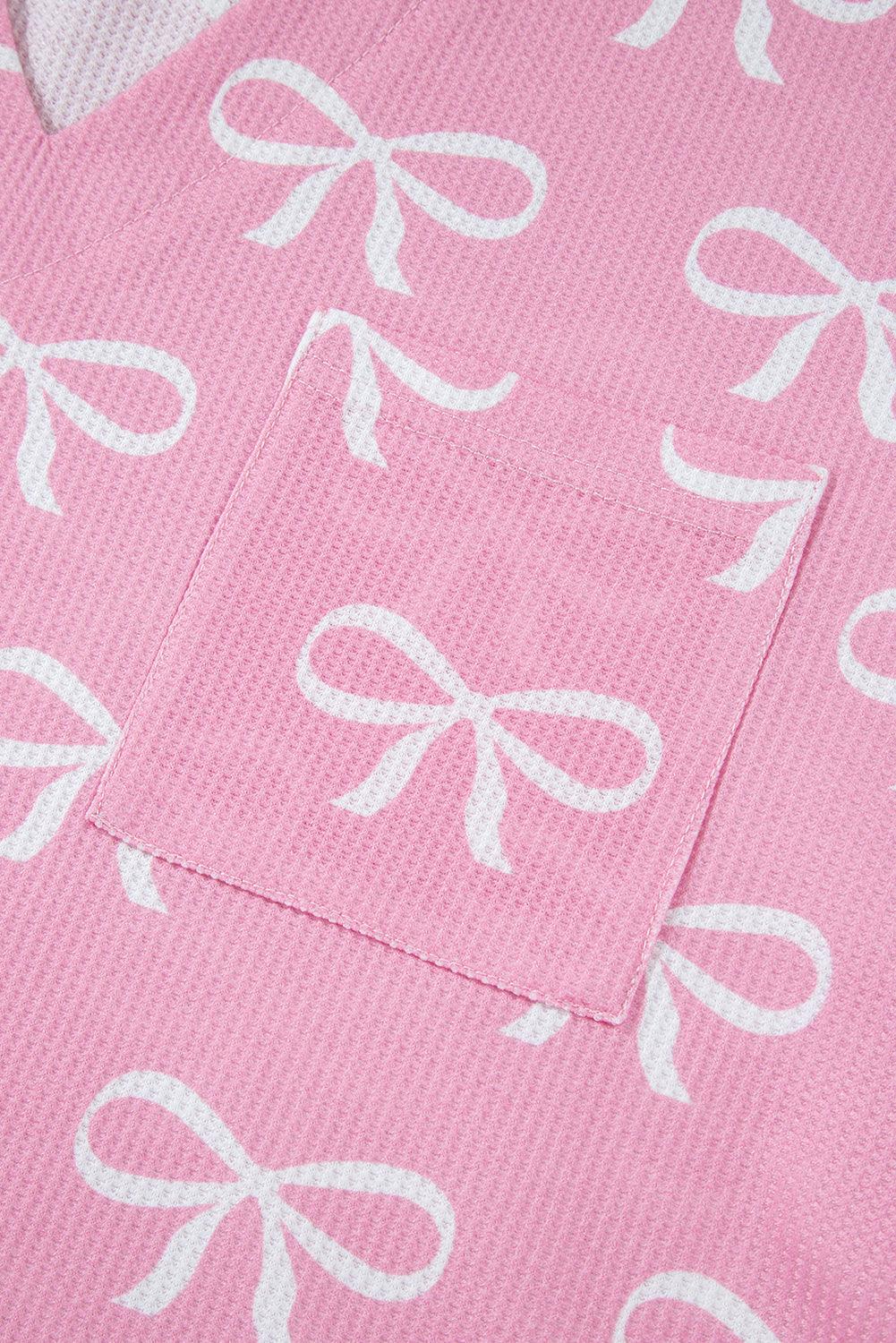 Pink Waffle Knit Bowknot Printed V Neck T Shirt And Shorts Set - Jess Deals
