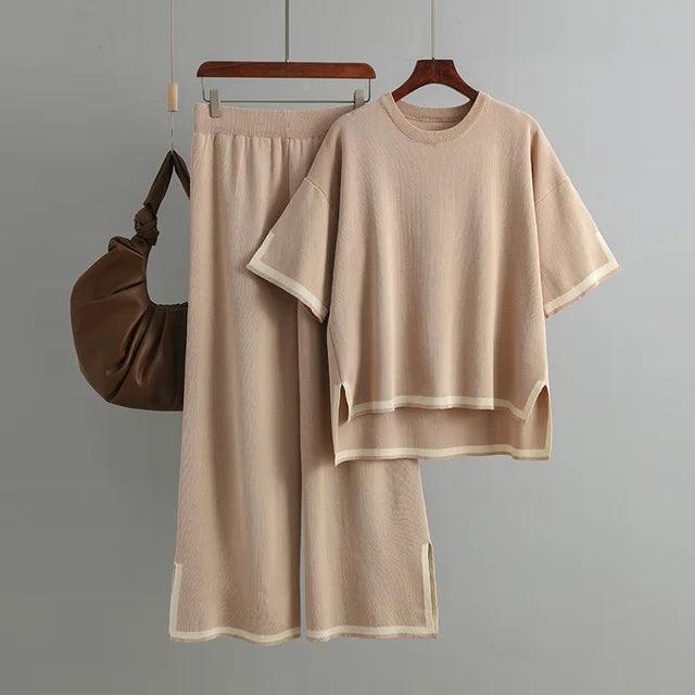 Minimalist Style Patchwork O-neck Short Sleeve Loose Sweater Casual Tops High Waist Pant 2 Piece Set - Jess Deals