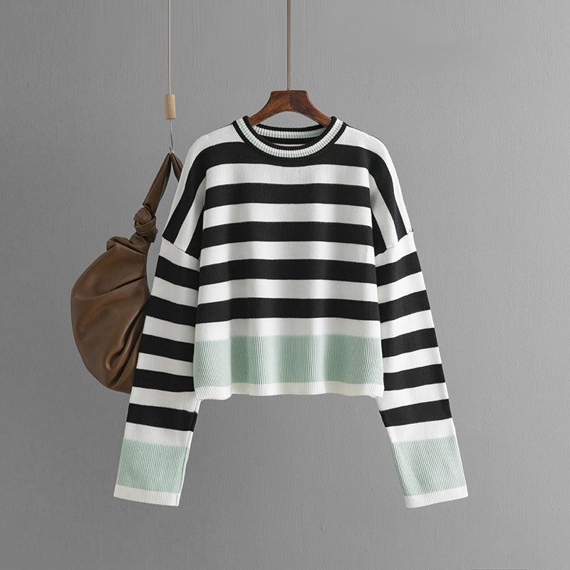 Women's striped long sleeved round neck knitted sweater top for women - Jess Deals