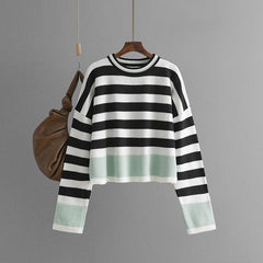 Women's striped long sleeved round neck knitted sweater top for women - Jess Deals
