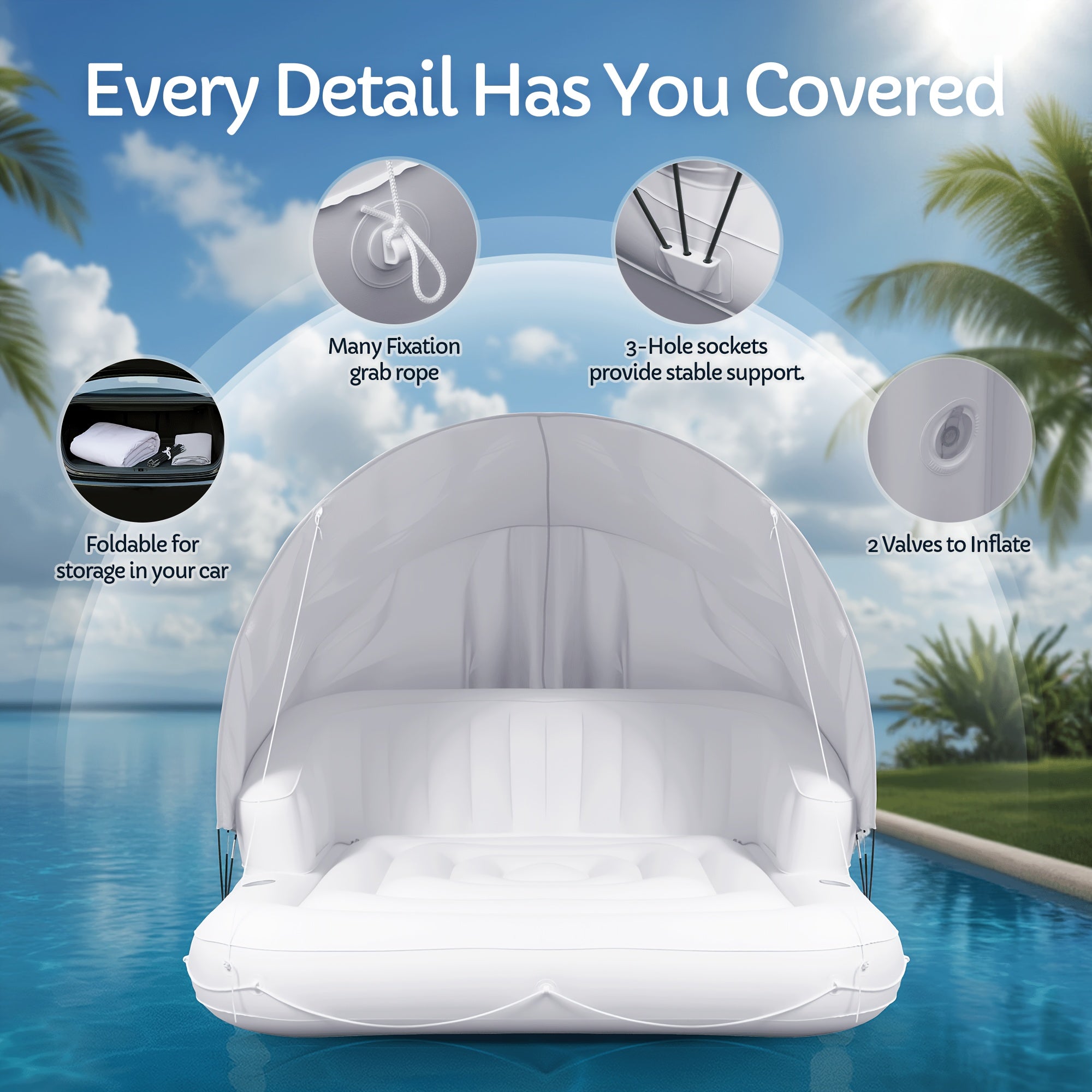 Large 70-Inch Inflatable Pool Float For 2 Adults - Detachable Sun Canopy & Dual Cup Holders - Beach/Pool Lounger Raft