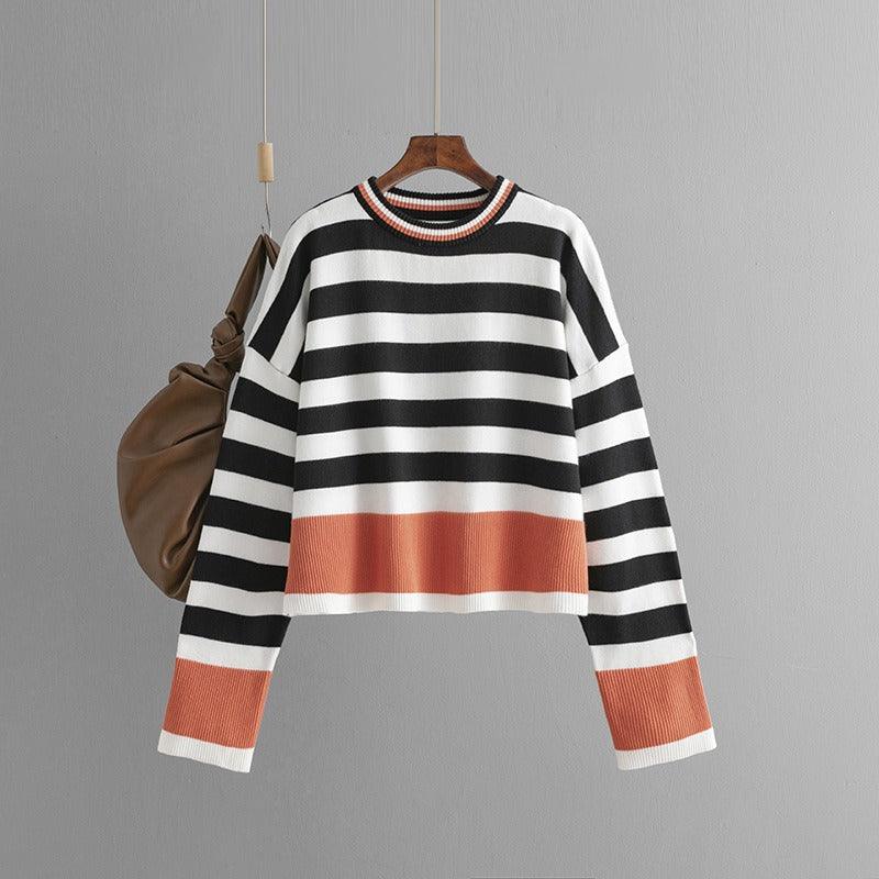 Women's striped long sleeved round neck knitted sweater top for women - Jess Deals