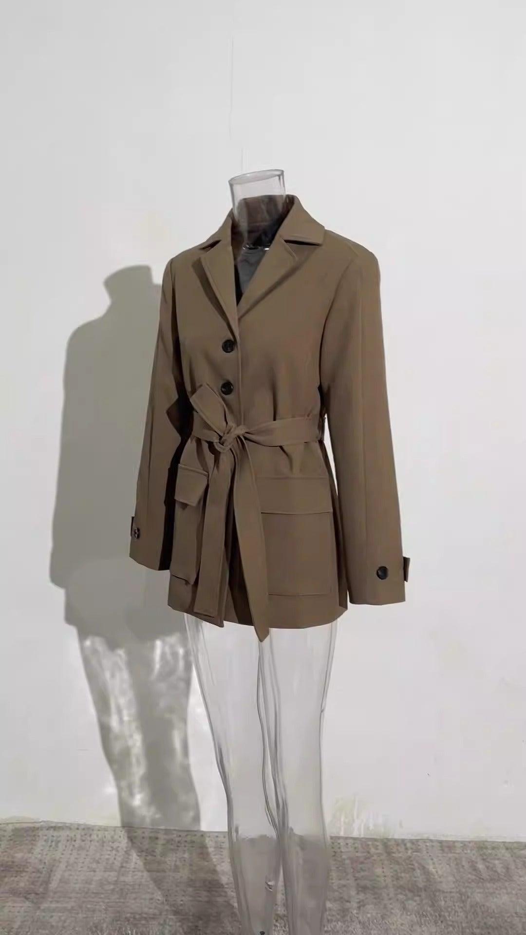 Korean commuter workwear jacket for women, autumn new style, large pocket lapel, niche design, lace up waist cinching small suit - Jess Deals