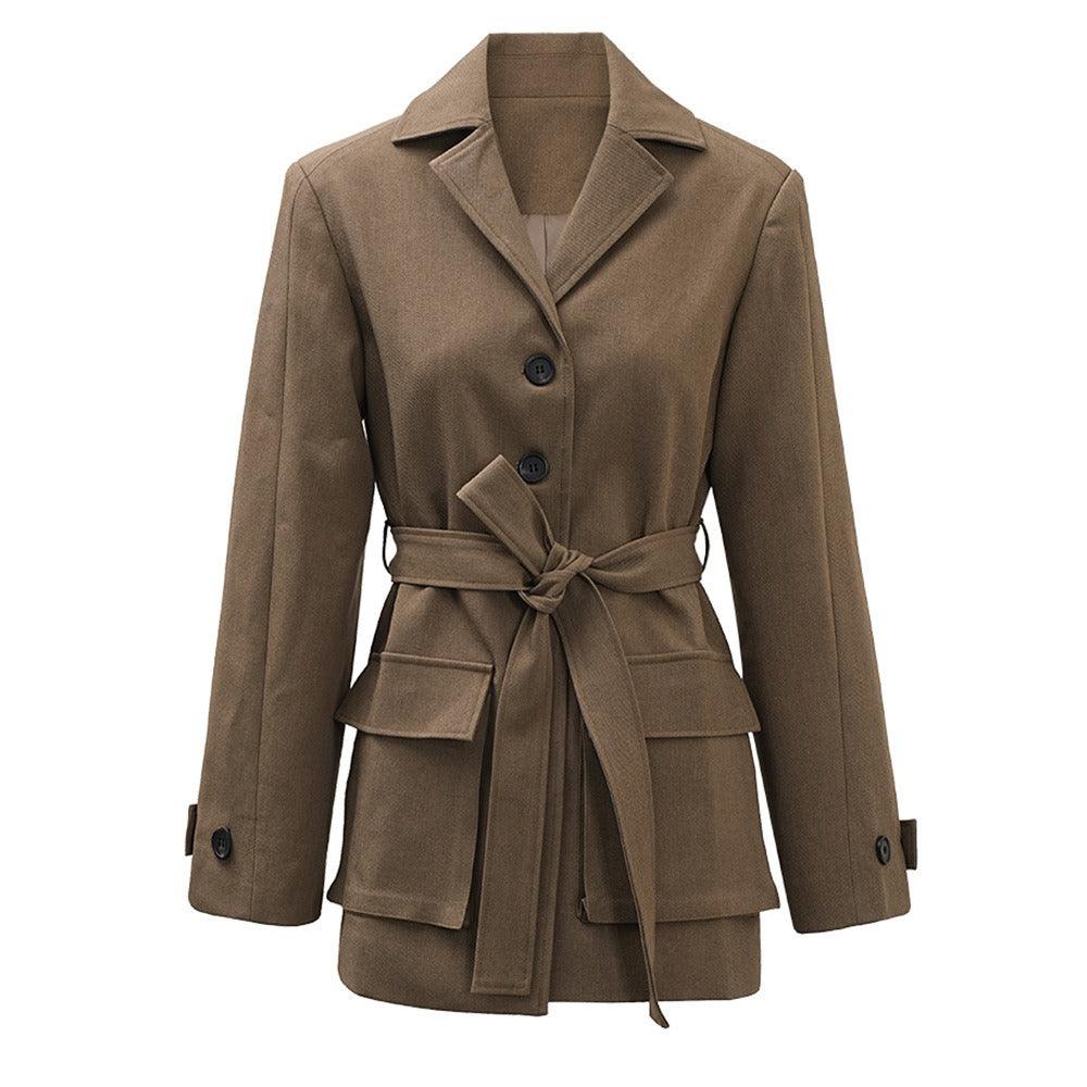 Korean commuter workwear jacket for women, autumn new style, large pocket lapel, niche design, lace up waist cinching small suit - Jess Deals