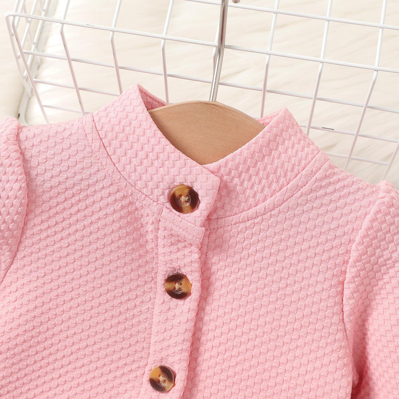 Children's Sweet Applique Mesh Dress Solid Color Plaid Coat Two-piece Set - Jess Deals