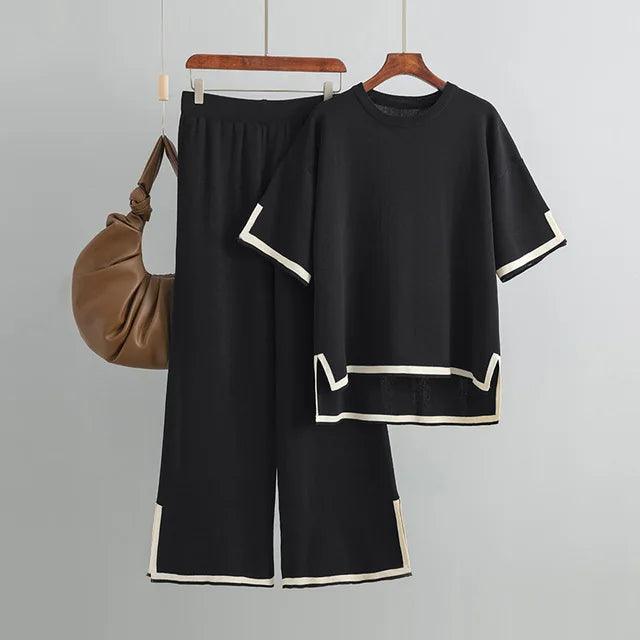 Minimalist Style Patchwork O-neck Short Sleeve Loose Sweater Casual Tops High Waist Pant 2 Piece Set - Jess Deals