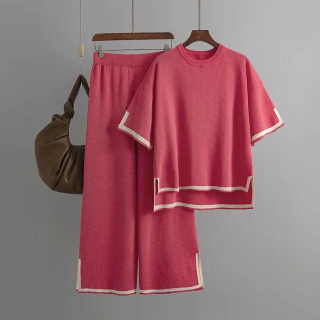 Minimalist Style Patchwork O-neck Short Sleeve Loose Sweater Casual Tops High Waist Pant 2 Piece Set - Jess Deals