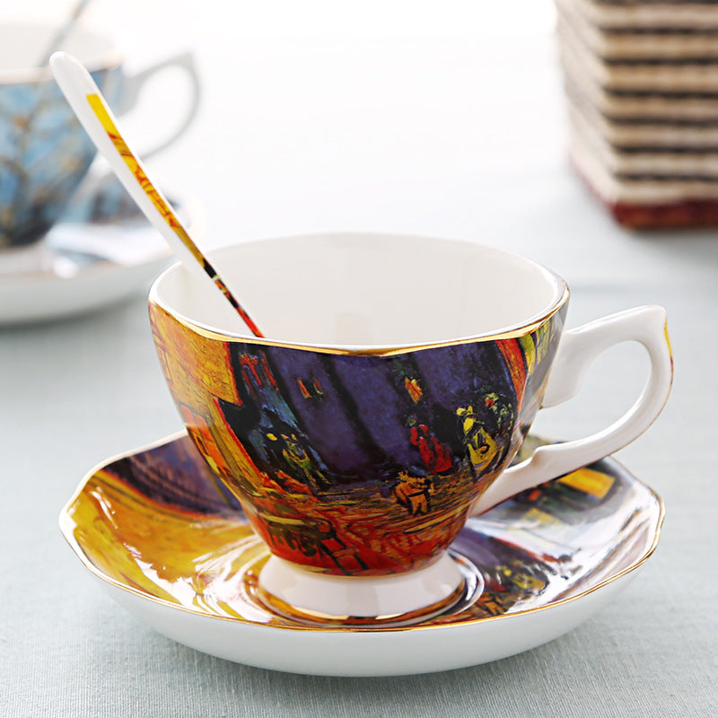 British Luxe Saucer and Spoon Afternoon Tea Cup with Van Gogh Oil Painting Design, Bone China Coffee Cup, Creative Souvenir Ceramic Mug