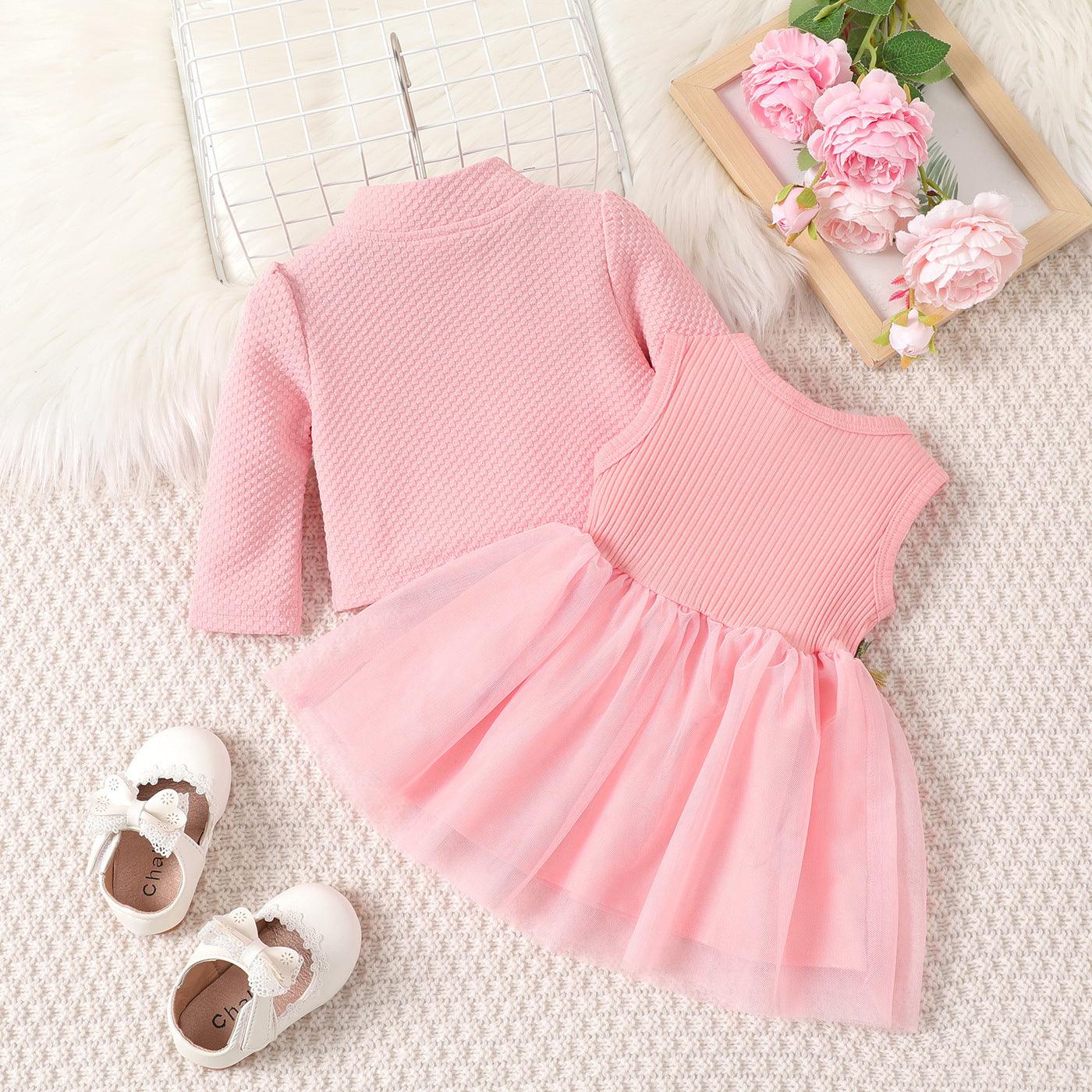 Children's Sweet Applique Mesh Dress Solid Color Plaid Coat Two-piece Set - Jess Deals