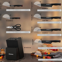 15PCS/ Astercook Knife Set with Sharpener Block - German Stainless Steel, Dishwasher Safe Kitchen Knife with Built-in Sharpener