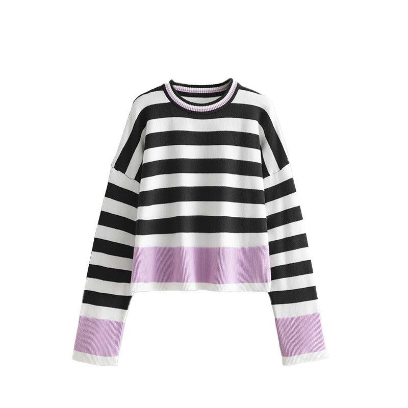 Women's striped long sleeved round neck knitted sweater top for women - Jess Deals