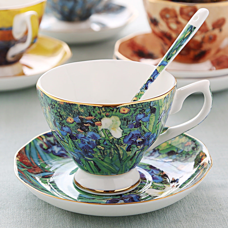 British Luxe Saucer and Spoon Afternoon Tea Cup with Van Gogh Oil Painting Design, Bone China Coffee Cup, Creative Souvenir Ceramic Mug
