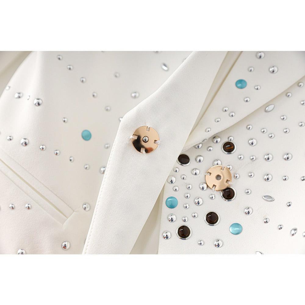 White slim fit one button early autumn long sleeved suit - Jess Deals