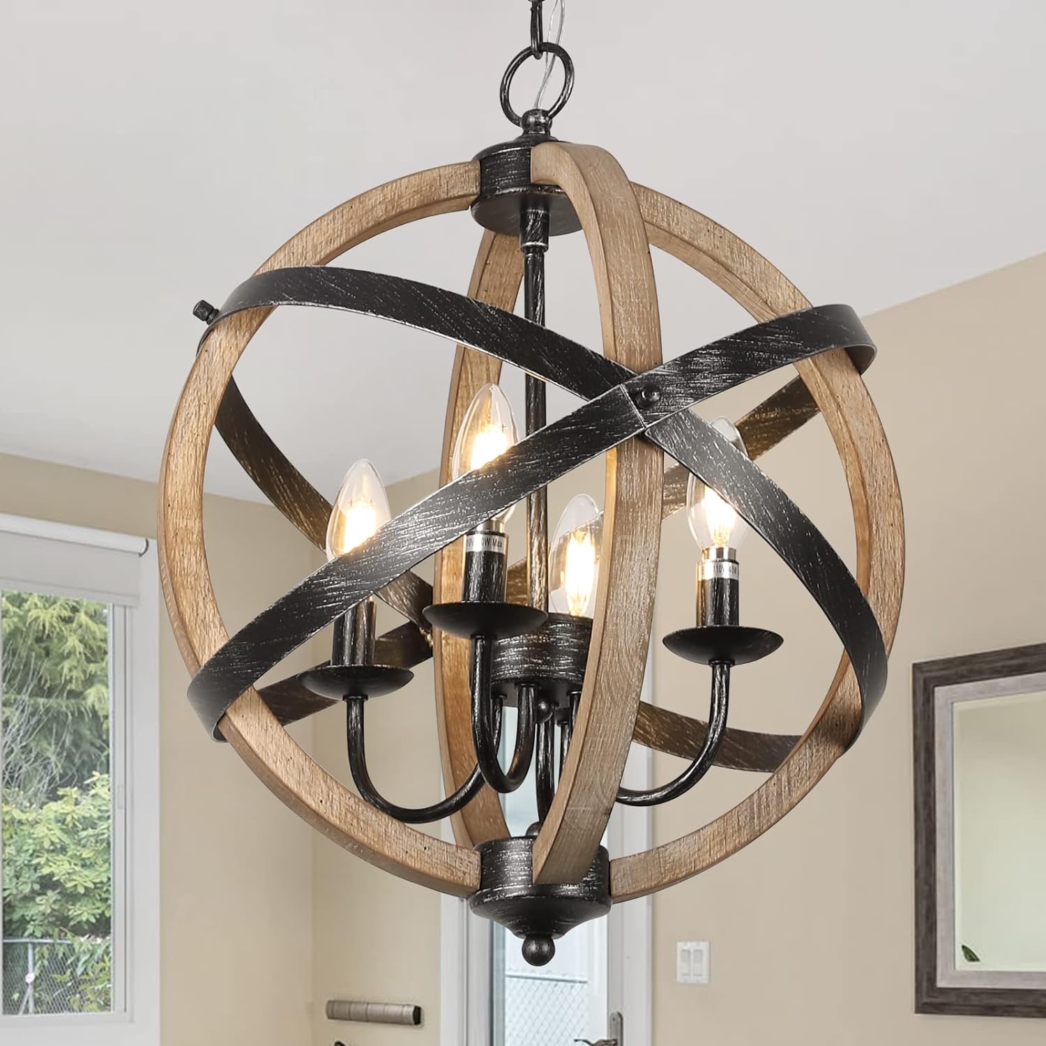 Farmhouse Chandelier Light Fixtures 4-Light Dining Room Light Fixtures Height Adjustable Rustic Wood Light - Jess Deals