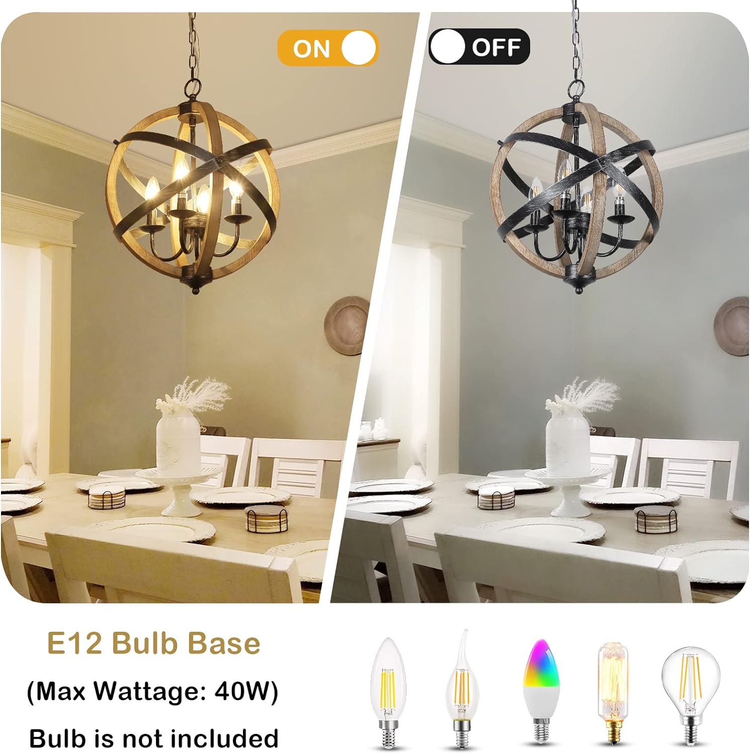 Farmhouse Chandelier Light Fixtures 4-Light Dining Room Light Fixtures Height Adjustable Rustic Wood Light - Jess Deals