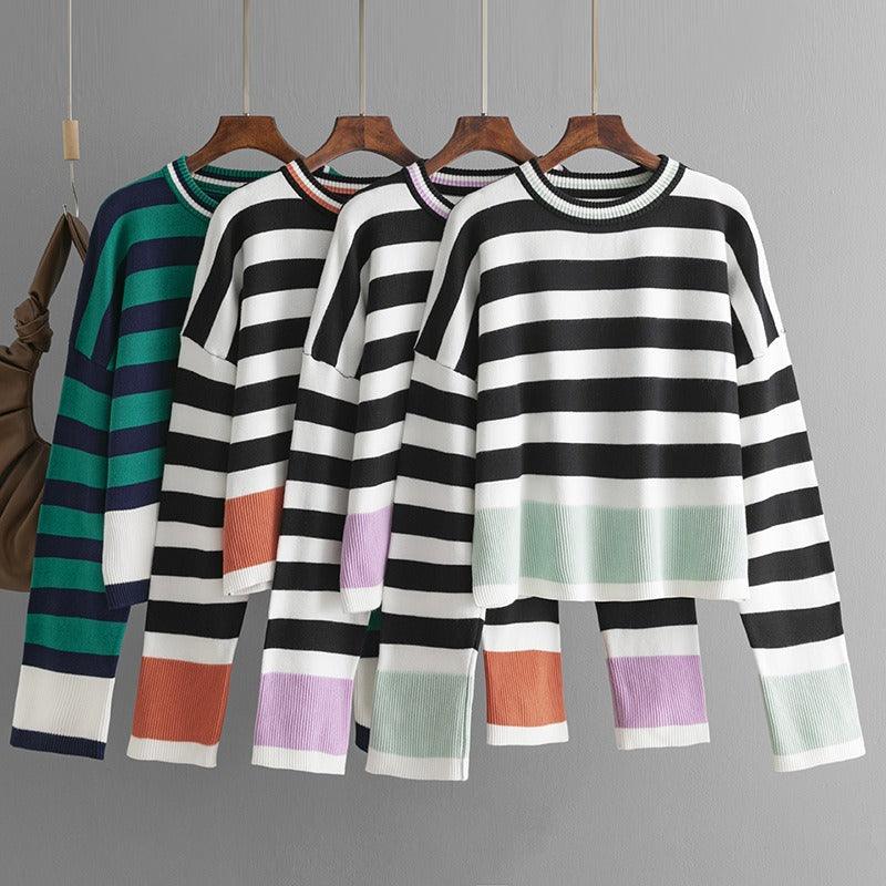 Women's striped long sleeved round neck knitted sweater top for women - Jess Deals
