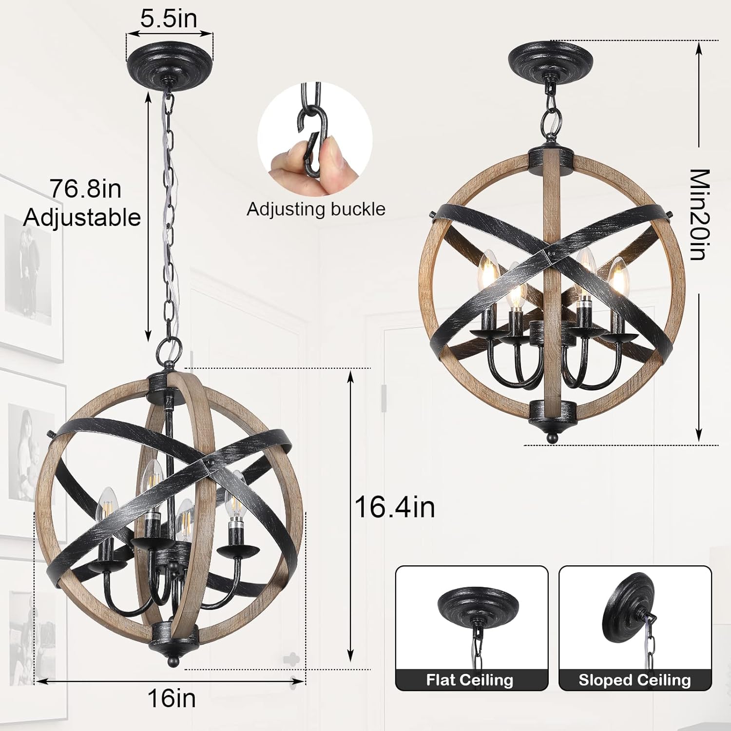 Farmhouse Chandelier Light Fixtures 4-Light Dining Room Light Fixtures Height Adjustable Rustic Wood Light - Jess Deals