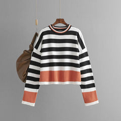 Women's striped long sleeved round neck knitted sweater top for women - Jess Deals