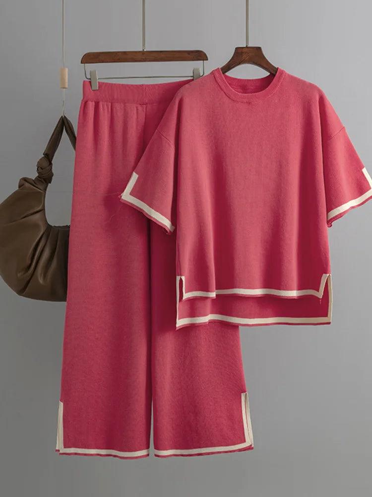 Minimalist Style Patchwork O-neck Short Sleeve Loose Sweater Casual Tops High Waist Pant 2 Piece Set - Jess Deals