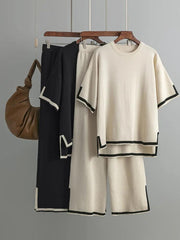 Minimalist Style Patchwork O-neck Short Sleeve Loose Sweater Casual Tops High Waist Pant 2 Piece Set - Jess Deals
