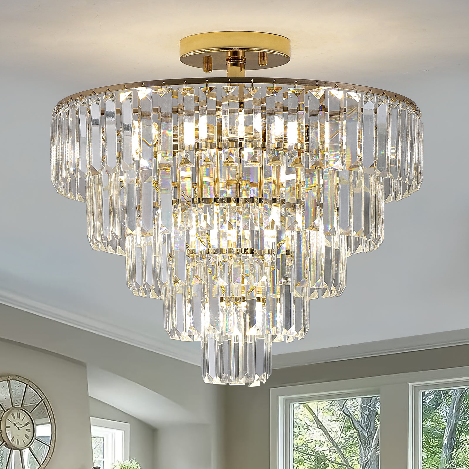 Gold Crystal Chandeliers,5-Tier Round Semi Flush Mount Chandelier Light Fixture,Large Contemporary Luxury Ceiling Lighting