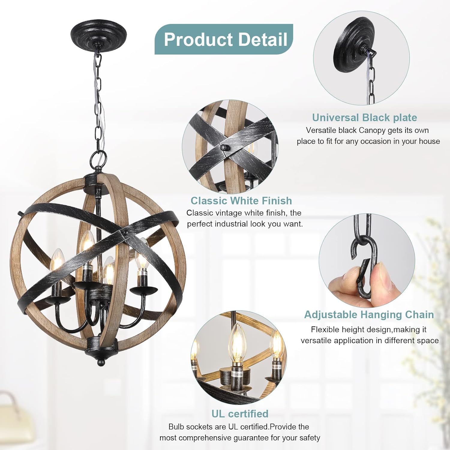 Farmhouse Chandelier Light Fixtures 4-Light Dining Room Light Fixtures Height Adjustable Rustic Wood Light - Jess Deals