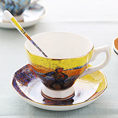 British Luxe Saucer and Spoon Afternoon Tea Cup with Van Gogh Oil Painting Design, Bone China Coffee Cup, Creative Souvenir Ceramic Mug