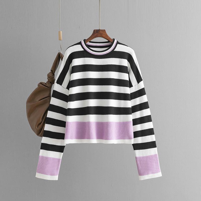 Women's striped long sleeved round neck knitted sweater top for women - Jess Deals