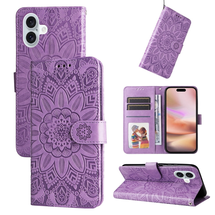 Embossed Sunflower Leather Phone Case, For iPhone 16e, For iPhone 16 Pro Max, For iPhone 16 Pro, For iPhone 16 Plus