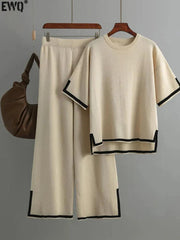 Minimalist Style Patchwork O-neck Short Sleeve Loose Sweater Casual Tops High Waist Pant 2 Piece Set - Jess Deals