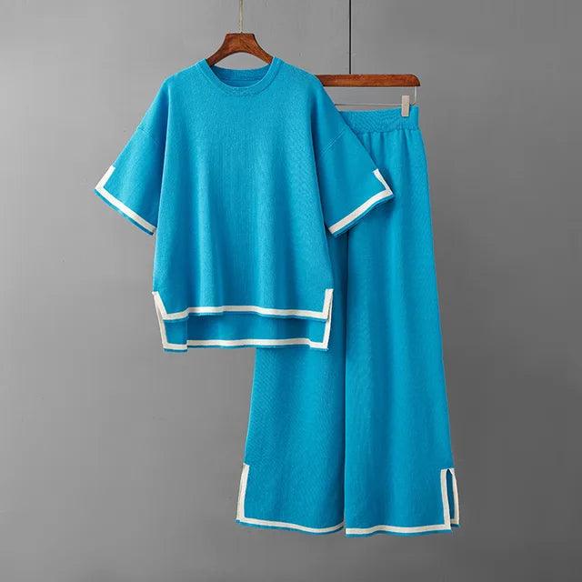 Minimalist Style Patchwork O-neck Short Sleeve Loose Sweater Casual Tops High Waist Pant 2 Piece Set - Jess Deals