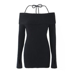 European and American hot girl autumn fashion new slim fit one neck lace up short knitted dress - Jess Deals