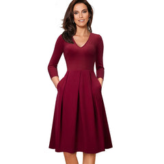 Nice-forever Vintage Solid Color V neckline Pinup Pockets vestidos A-Line Business Party Female Flare Swing Women Dress A191