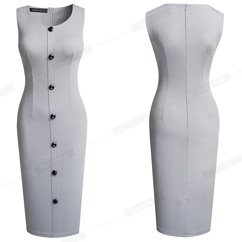Nice-forever Summer Women Fashion Solid Color with Button Elegant Work Dresses Formal Business Vintage Bodycon Slim Dress B645