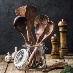 1-9pcs/set Teak natural wood tableware spoon colander spoon special nano soup skimmer cooking spoon wooden kitchen tool kit