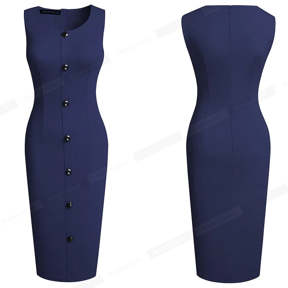 Nice-forever Summer Women Fashion Solid Color with Button Elegant Work Dresses Formal Business Vintage Bodycon Slim Dress B645