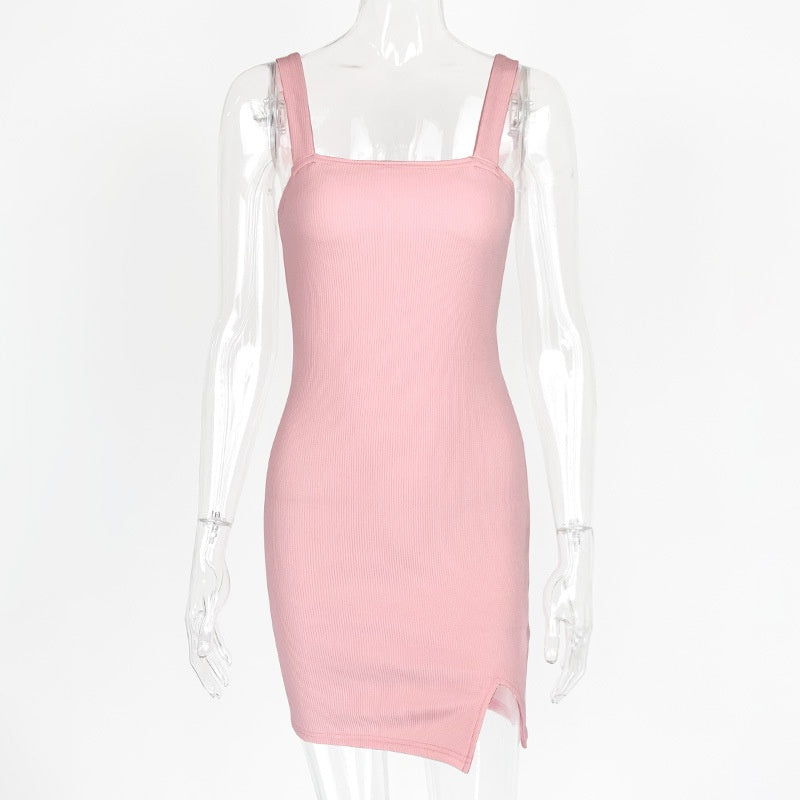 Summer Arrivals European And American Women's Simple Slim Suspender Skirt Sexy Slit Backless Dress